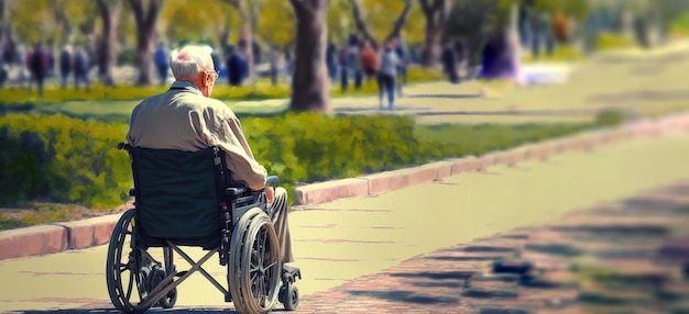 Un uomo è seduto su una sedia a rotelle su un marciapiede.