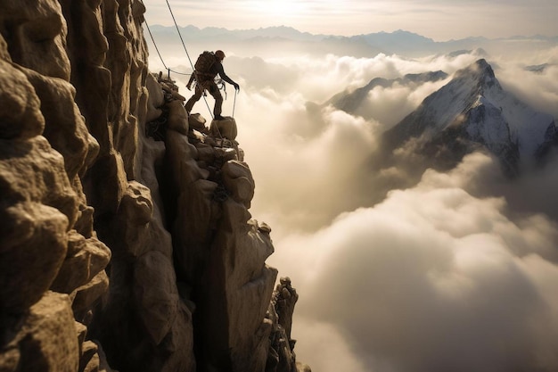Un uomo è su una corda con una montagna sullo sfondo.