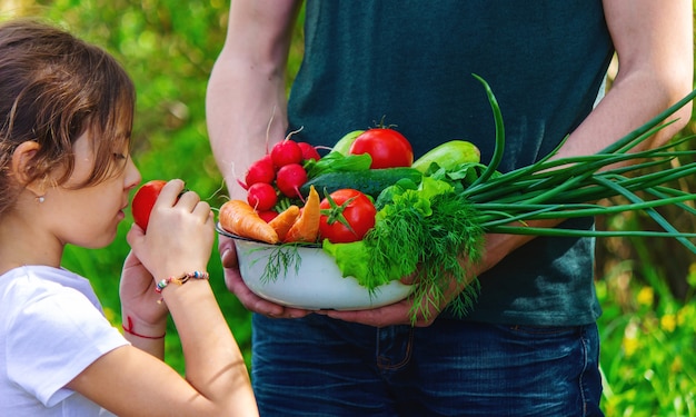 Un uomo e suo figlio in giardino con le verdure in mano