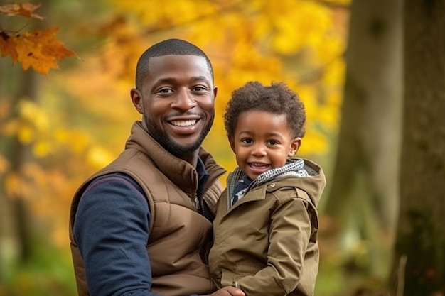 Un uomo e suo figlio posano per una foto davanti alle foglie autunnali