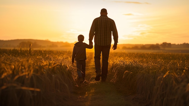 Un uomo e suo figlio stanno camminando in un campo