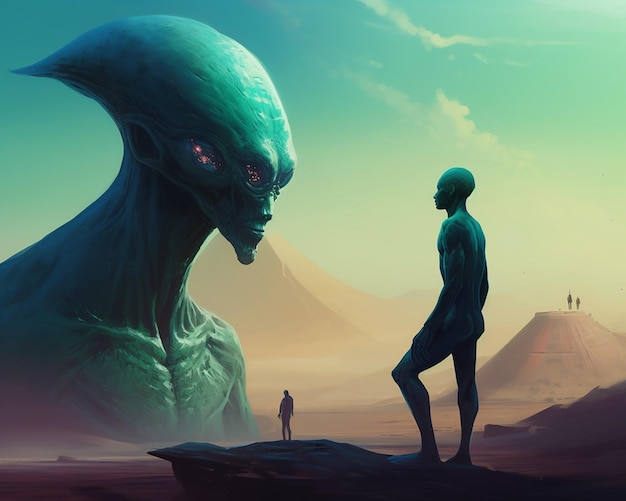 Un uomo e un alieno verde che guardano una creatura gigante.