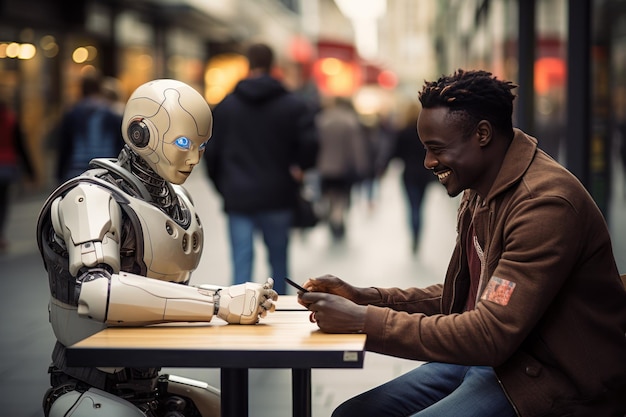 un uomo e un amico robot si trovano in una città intelligente, l'amicizia tra uomo e macchina IA generativa
