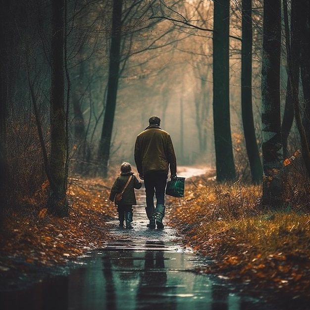 Un uomo e un bambino camminano in una foresta, uno di loro tiene in mano una borsa.