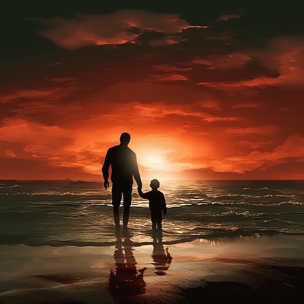 Un uomo e un bambino che camminano sulla spiaggia con il sole che tramonta dietro di loro