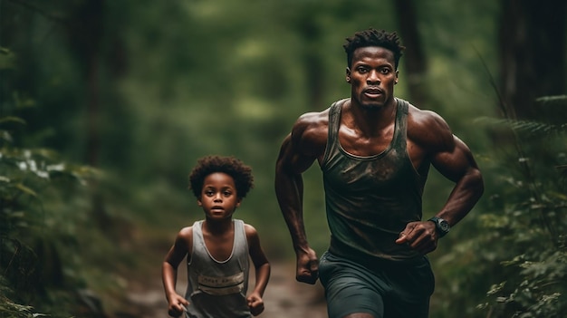 Un uomo e un bambino corrono nella foresta