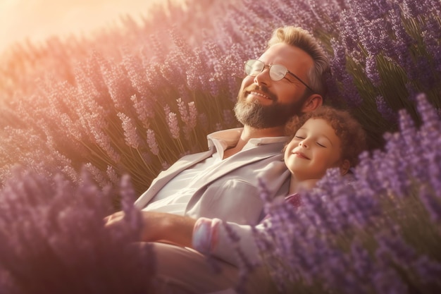 Un uomo e un bambino giacciono in un campo di lavanda