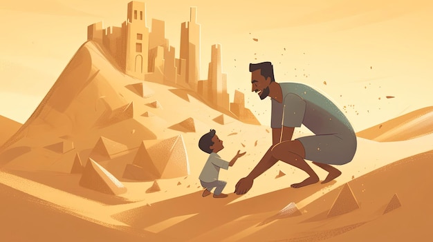 Un uomo e un bambino giocano con una città sullo sfondo