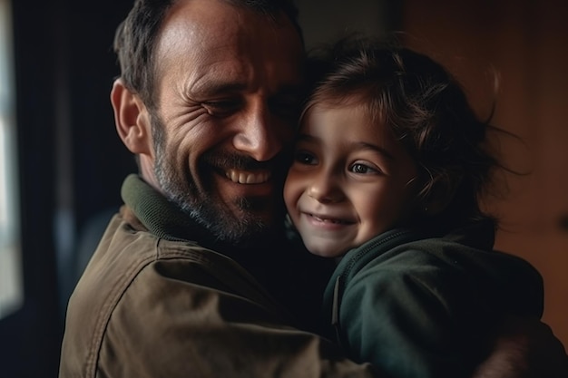 Un uomo e un bambino si abbracciano in una stanza buia.