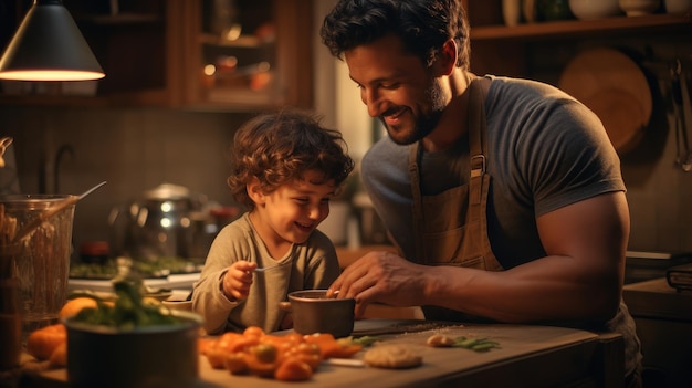 Un uomo e un bambino si godono un pasto insieme in una cucina accogliente