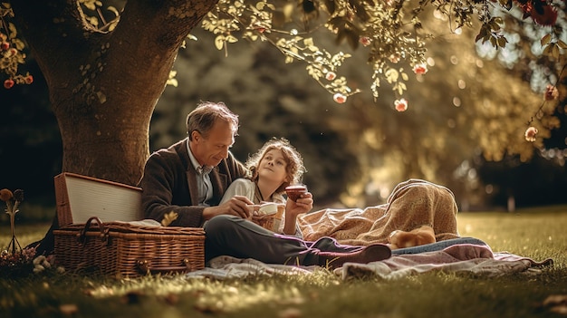 Un uomo e un bambino si siedono sotto un albero e bevono il tè.