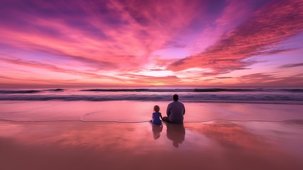 Un uomo e un bambino siedono sulla spiaggia a guardare il tramonto.