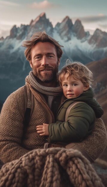 Un uomo e un bambino sono in piedi davanti a una montagna