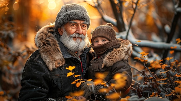 Un uomo e un bambino sono in piedi in una foresta con l'uomo che indossa un cappotto di pelliccia