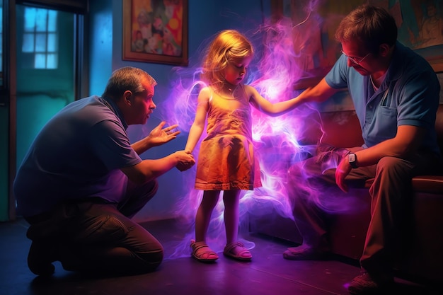 Un uomo e un bambino sono in una stanza con una luce viola che viene soffiata da una luce viola