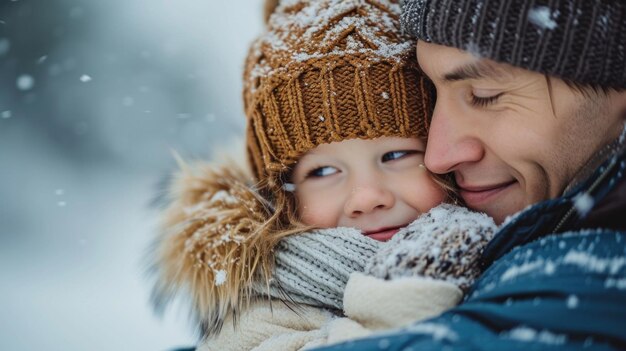 Un uomo e un bambino sorridono mentre giocano nella neve ai