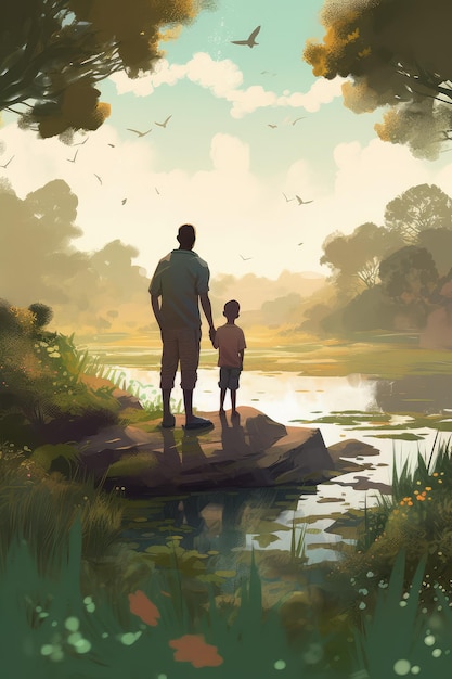 Un uomo e un bambino stanno su una roccia di fronte a un fiume.