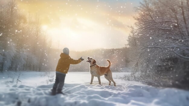 Un uomo e un cane nella neve