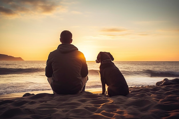 un uomo e un cane seduti sulla sabbia sulla spiaggia