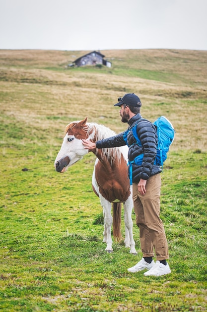 Un uomo e un cavallo in un prato