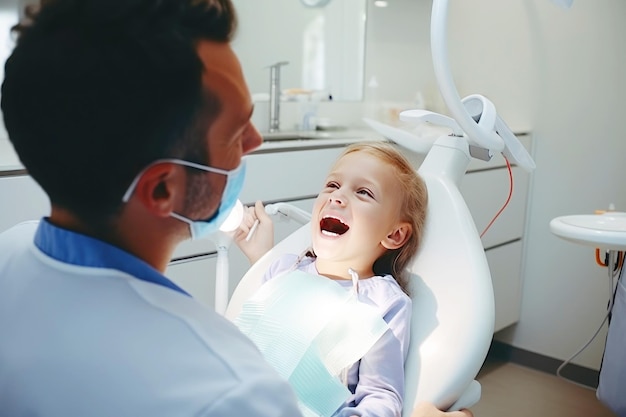 Un uomo è un dentista pediatrico che tratta i denti di una bambina