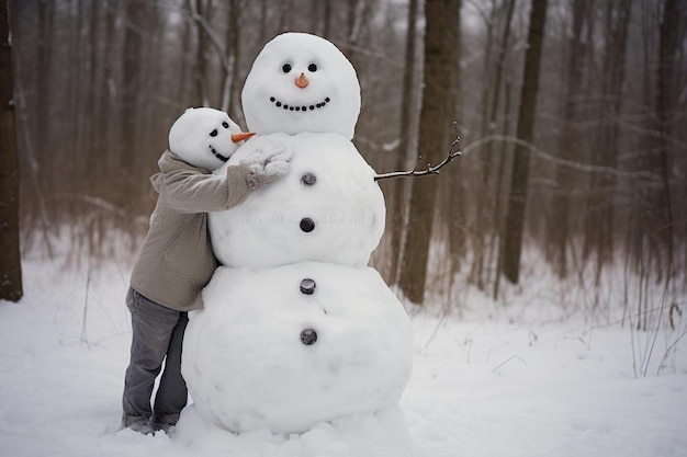 Un uomo e un pupazzo di neve si abbracciano nella neve.