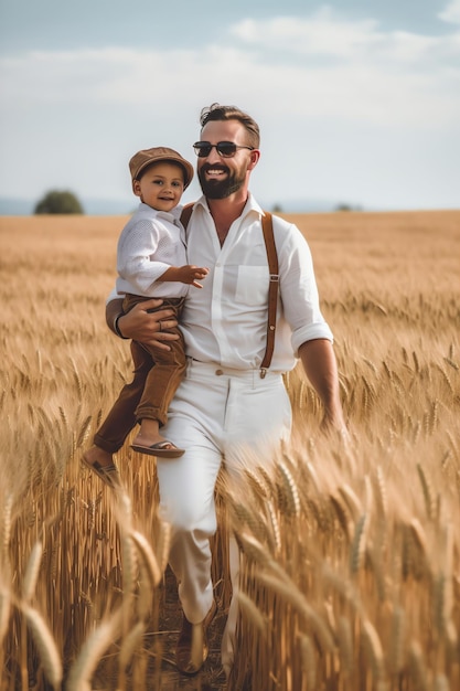 Un uomo e un ragazzo che camminano in un campo di grano