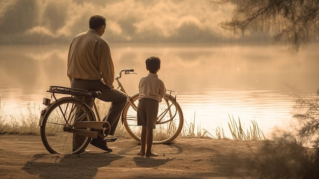 Un uomo e un ragazzo seduti su una bicicletta guardano l'acqua.