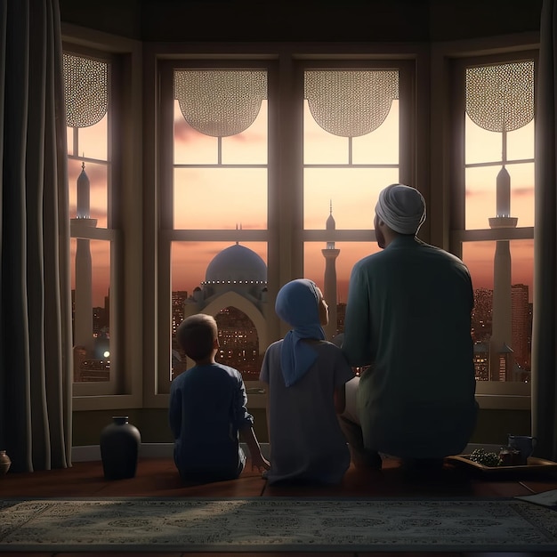 Un uomo e un ragazzo si siedono davanti a una finestra con vista su una moschea.