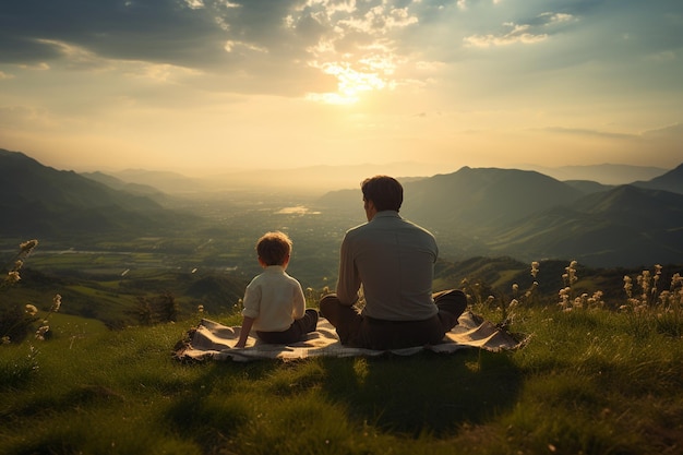 Un uomo e un ragazzo si siedono su una collina e si godono un picnic in montagna