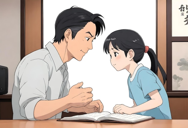 un uomo e un ragazzo un uomo e una ragazza stanno firmando autografi l'uno per l'altro una ragazza sta guardando un libro