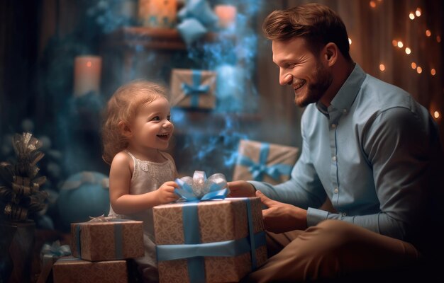 Un uomo e una bambina tengono in mano una confezione regalo con nastro azzurro