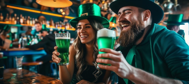 Un uomo e una donna adulti felici che festeggiano il giorno di San Patrizio in un pub irlandese.