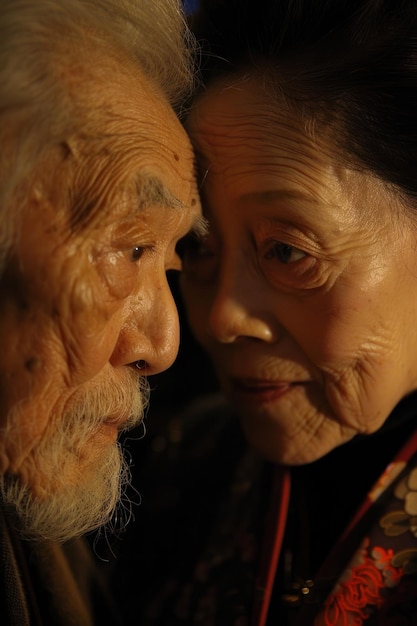 Un uomo e una donna anziani di origine asiatica sono impegnati in uno sguardo reciproco guardandosi direttamente