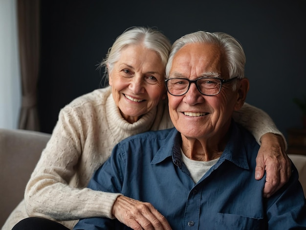 Un uomo e una donna anziani felici sorridono in una casa di riposo.