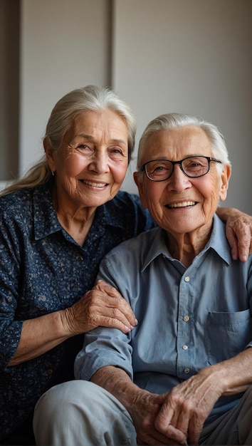 Un uomo e una donna anziani felici sorridono in una casa di riposo.