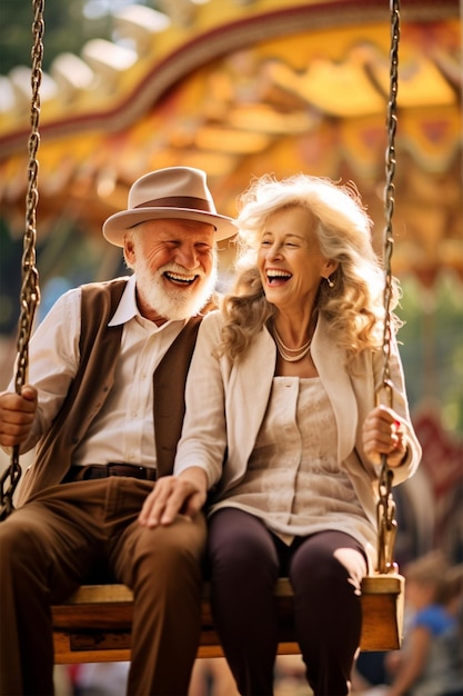 Un uomo e una donna anziani felici su un'altalena Una coppia anziana anziana che vive un concetto di stile di vita attivo felice