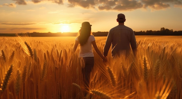 Un uomo e una donna attraversano un campo di grano