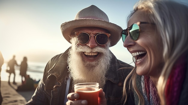 Un uomo e una donna bevono birra e ridono
