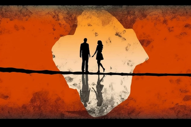 Un uomo e una donna camminano davanti a un cielo arancione.