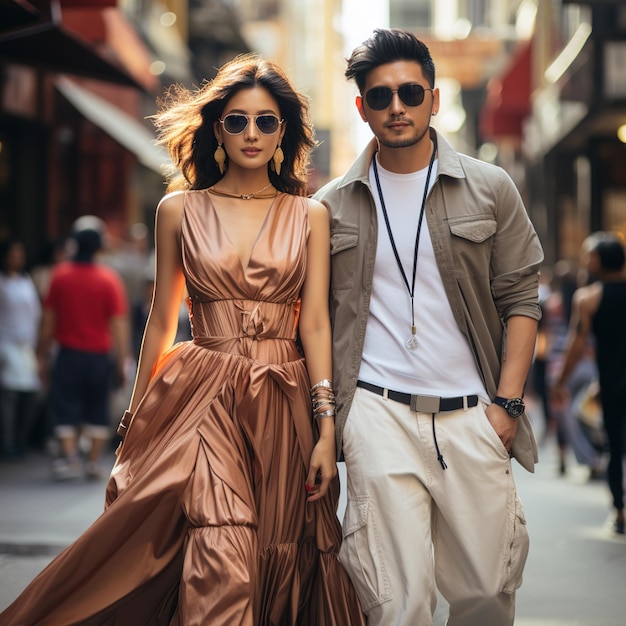 un uomo e una donna camminano per una strada indossando occhiali da sole.