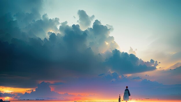 Un uomo e una donna camminano sulla spiaggia sotto un cielo nuvoloso.