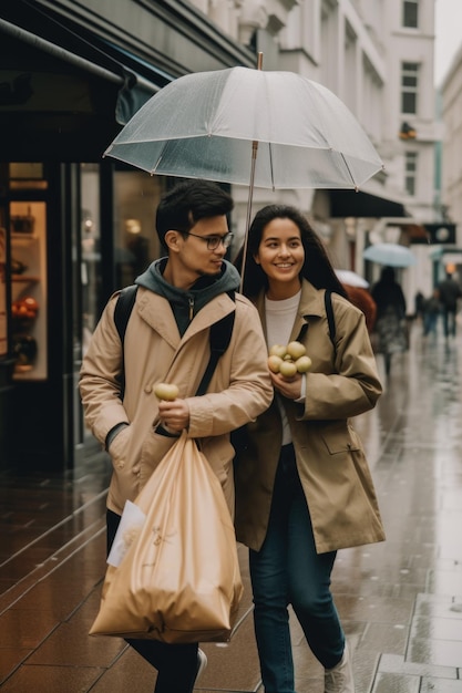 Un uomo e una donna che camminano lungo una strada con in mano un ombrello e borse della spesa riutilizzabili Immagine AI generativa