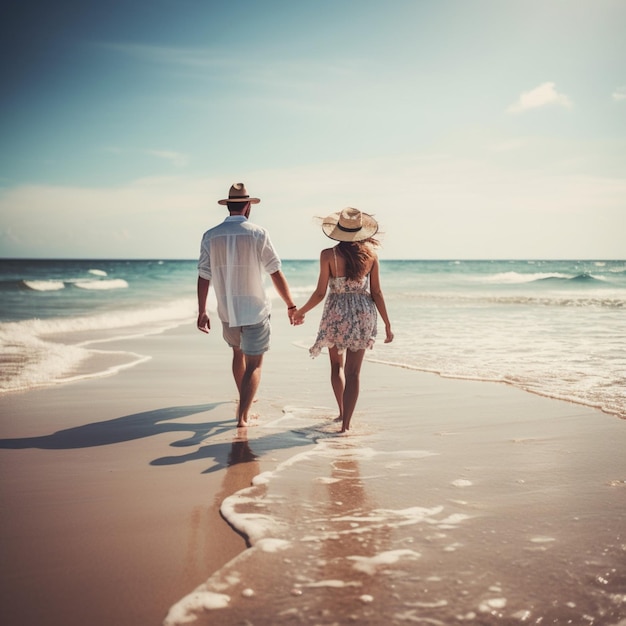 Un uomo e una donna che camminano su una spiaggia tenendosi per mano e guardando l'oceano.