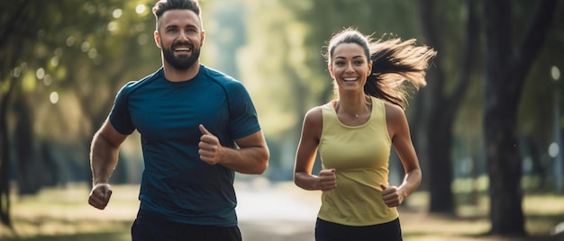 un uomo e una donna che corrono in un parco