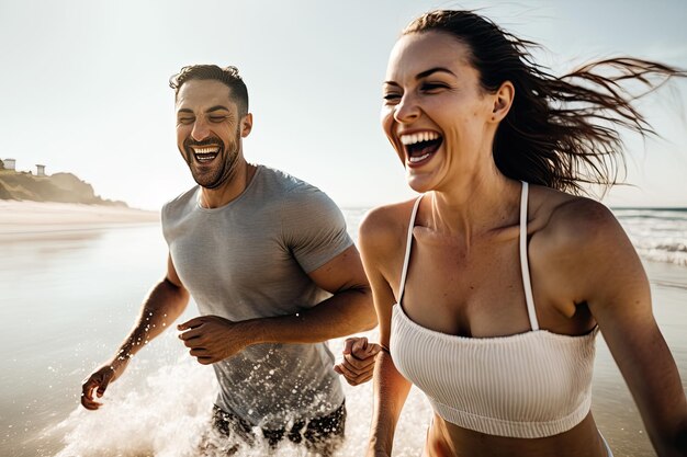 Un uomo e una donna che corrono nell'acqua