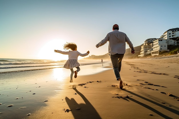 Un uomo e una donna che corrono sulla spiaggia tenendosi per mano