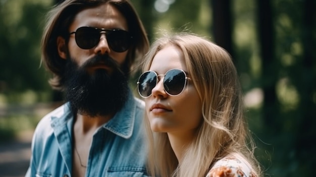 Un uomo e una donna che indossano occhiali da sole si trovano in un parco.