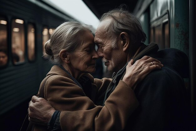 Un uomo e una donna che si abbracciano in una metropolitana.
