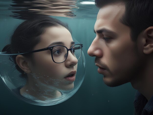 un uomo e una donna che si guardano sotto una bolla